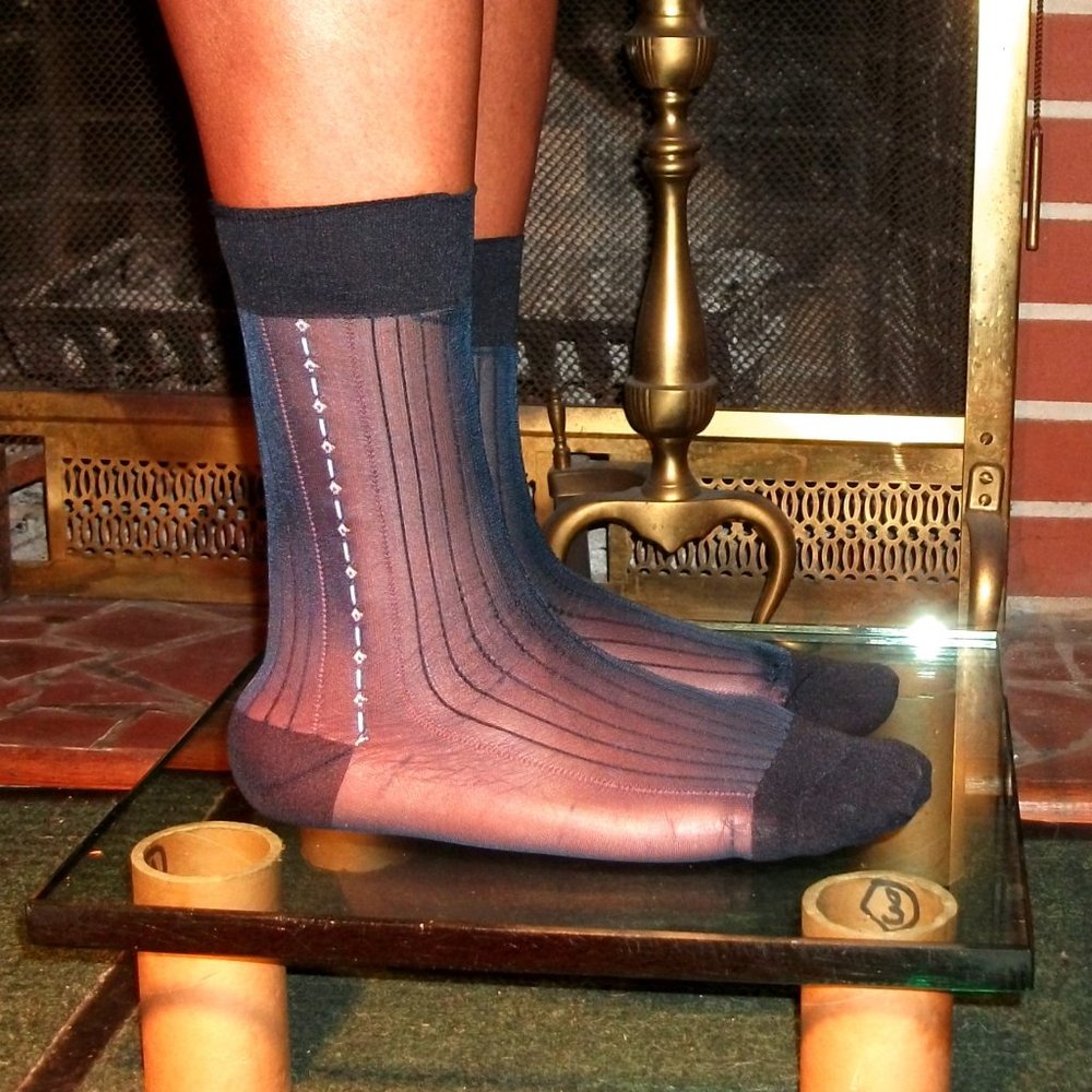 2PR Men's Sheer Navy Thick N Thin with Pattern, Cap Toe Cap Heel Socks -- 10 -13